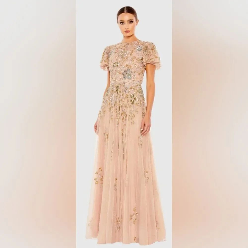 Mac Duggal 5717 Embellished Butterfly Sleeve High Neck Gown NWT size 14 Taupe